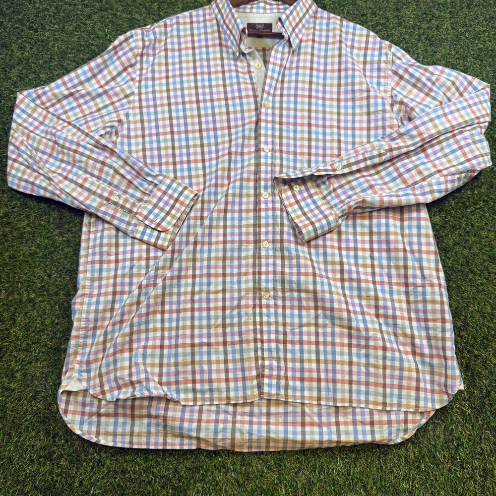 Hickey Freeman Mens XXL Button Down Shirt Multi Color Tattersall Plaid Cotton